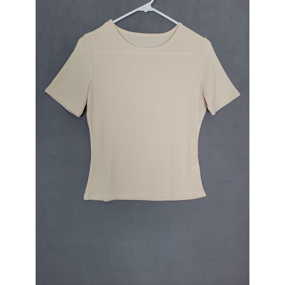 Women's Crew Neck Short Sleeve Shirt Ribbed Solid Slim Tee Medium - Picture 1 of 8